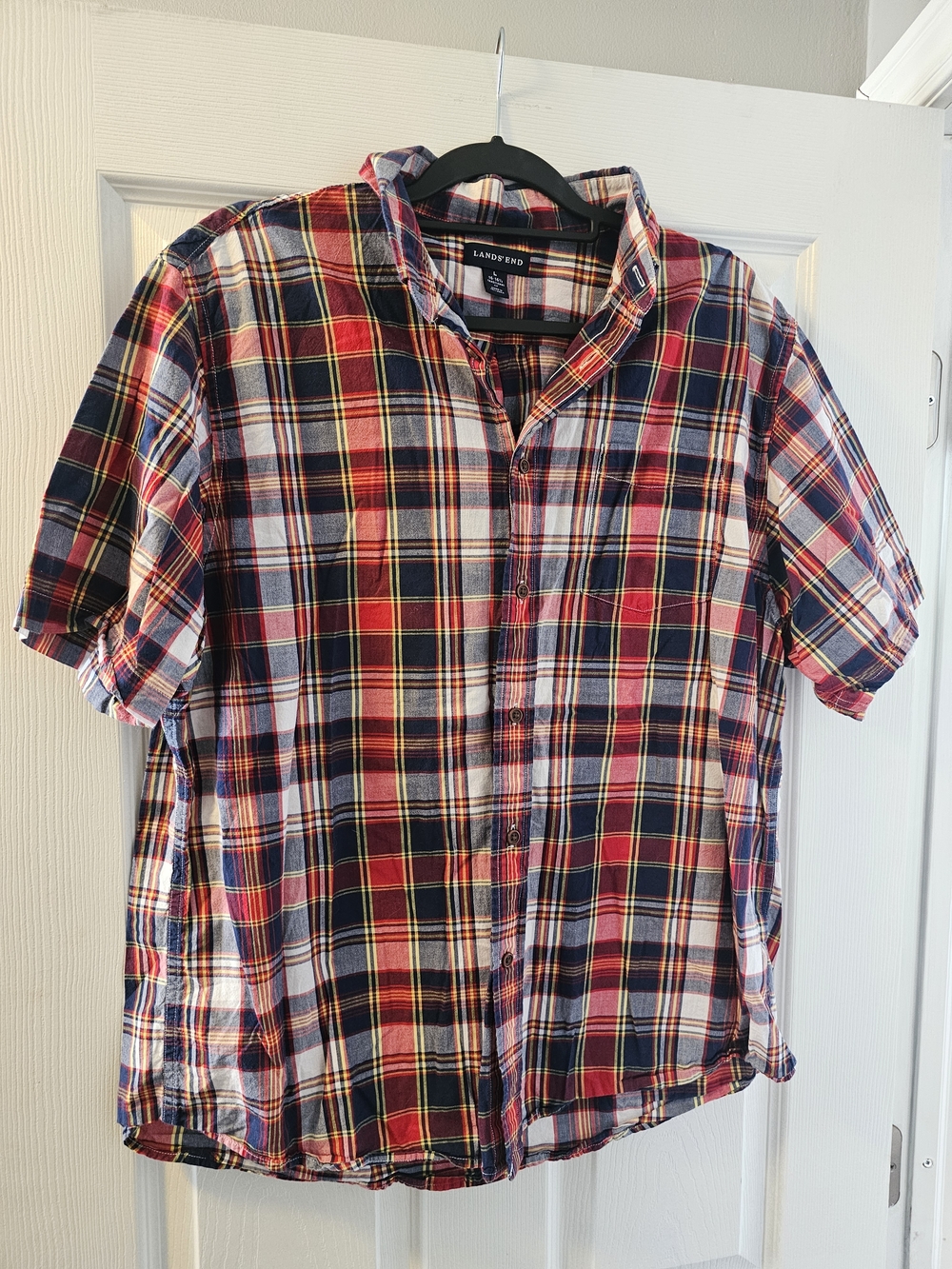 Lands' End Red Plaid Short-Sleeve Button-Up Shirt